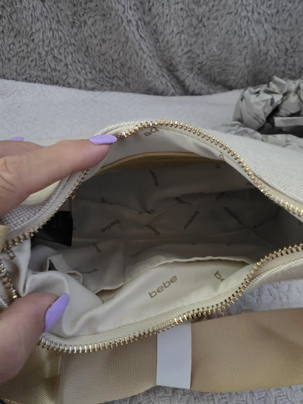 bebe Paisley Canvas Crossbody Bag with Coin Purse in the Almond